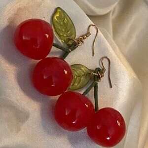 Retro Red Cherry Statement Earrings Kitsch Acrylic Fruit Jewelry